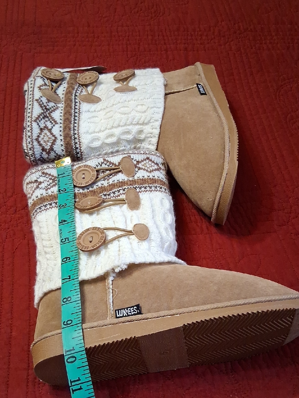 Luk Ees By Muk Luks Knit Button Accent Boot in Cream & Tan - Picture 6 of 10